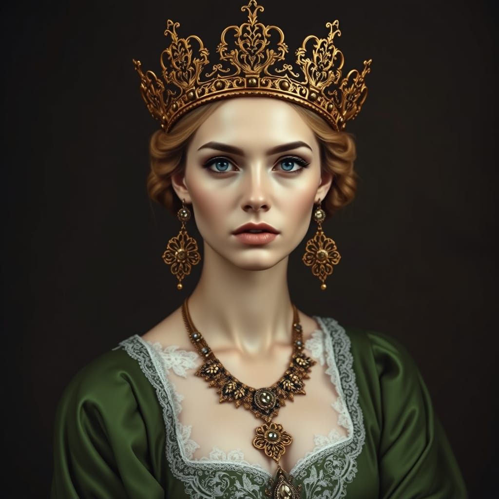 Regal Woman in Ornate Gold Crown and Green Gown