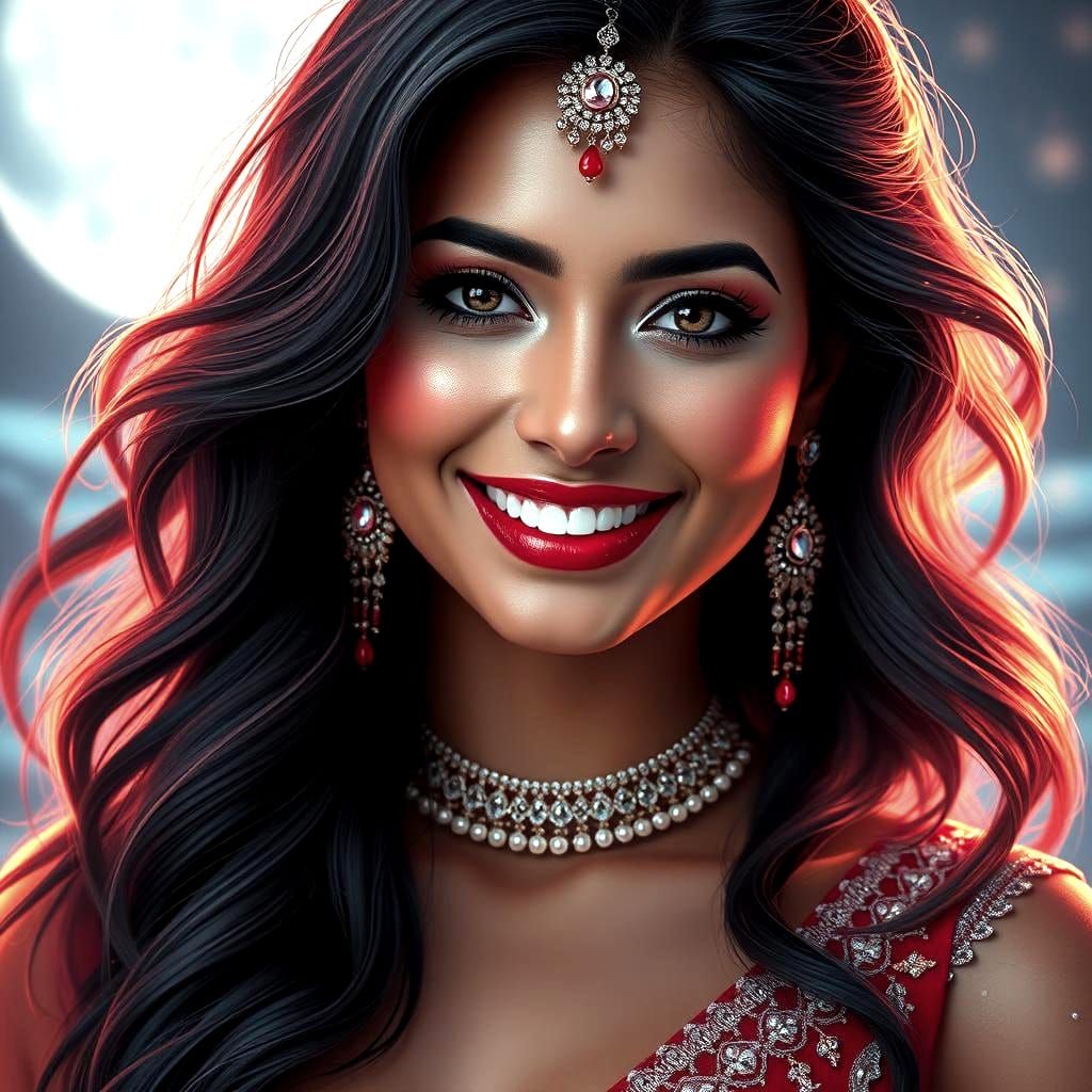 Stunning Indian Woman with Ocean Backdrop in Fantasy Art