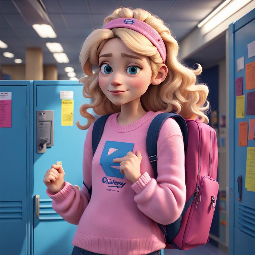 Pixar-Style 3D Student in High School Hallway