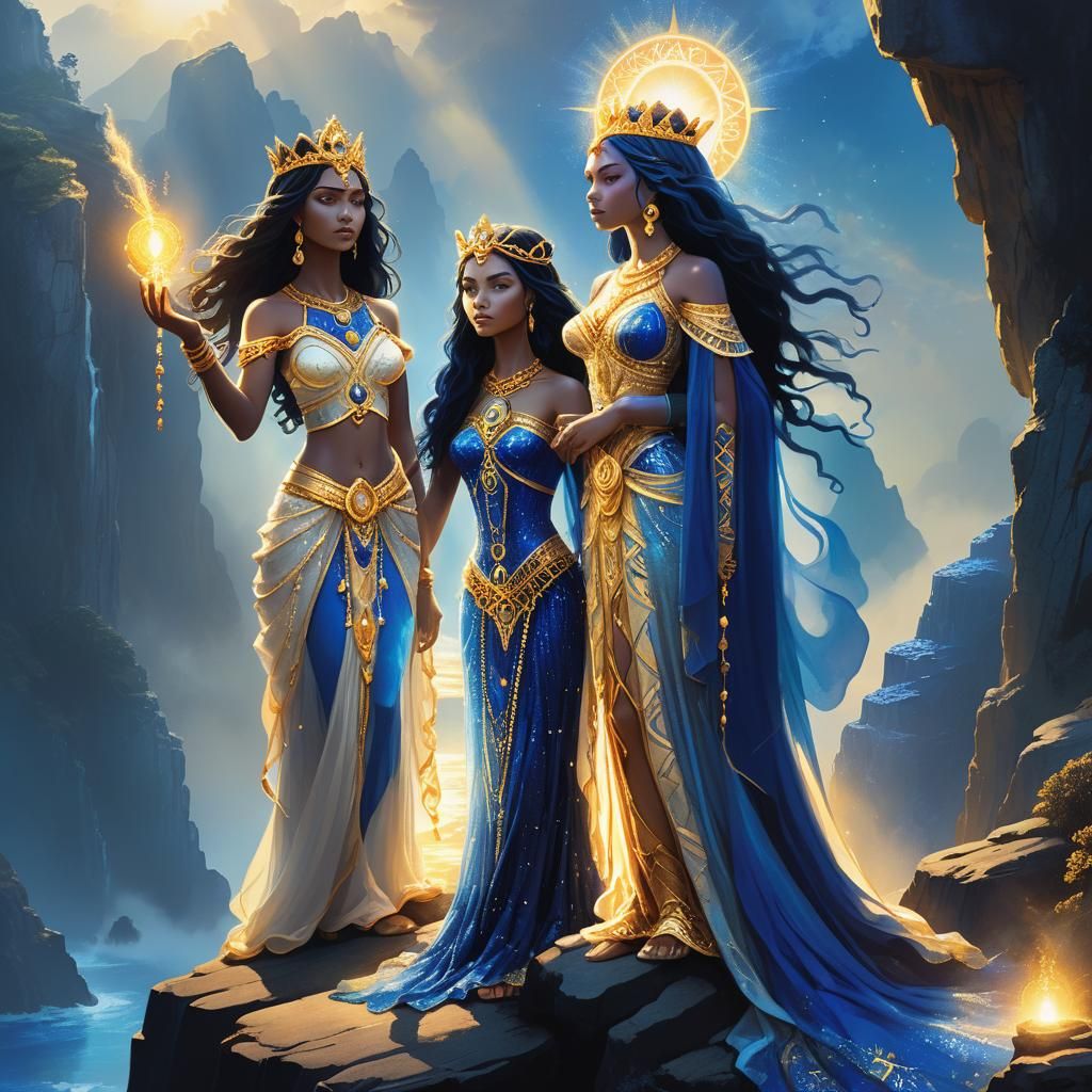 Island Princesses Summon Goddess in Art Nouveau Style