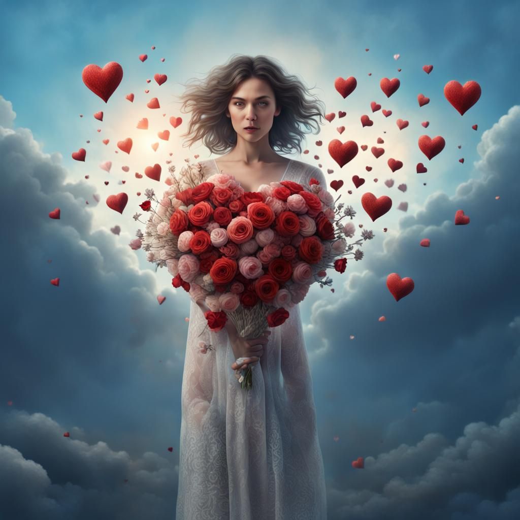 Woman with Heart Bouquet in Dramatic Digital Painting