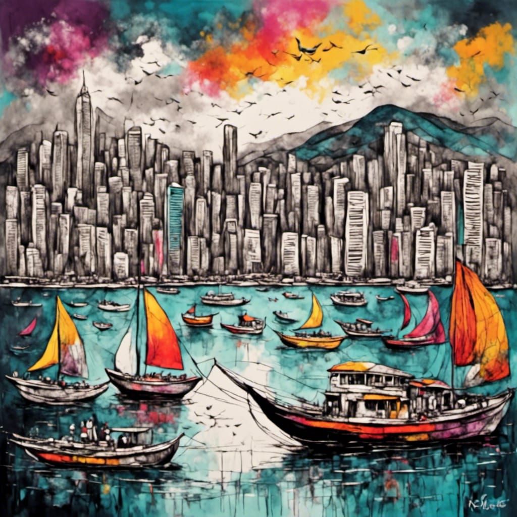 Hong Kong Harbour: Expressionist Neo-Impressionist Oil Paint...