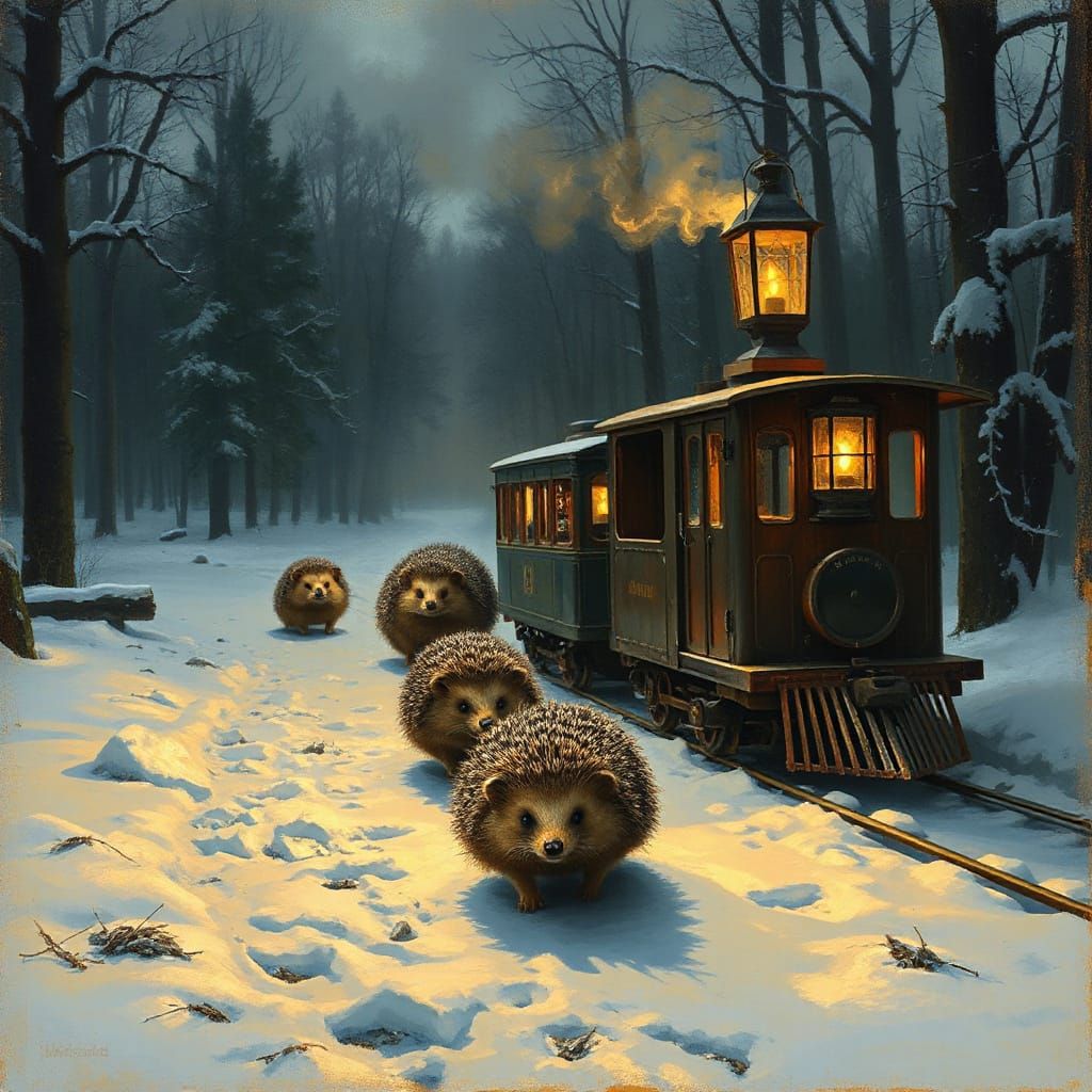 Hedgehogs Pull Antique Train Through Snowy Forest