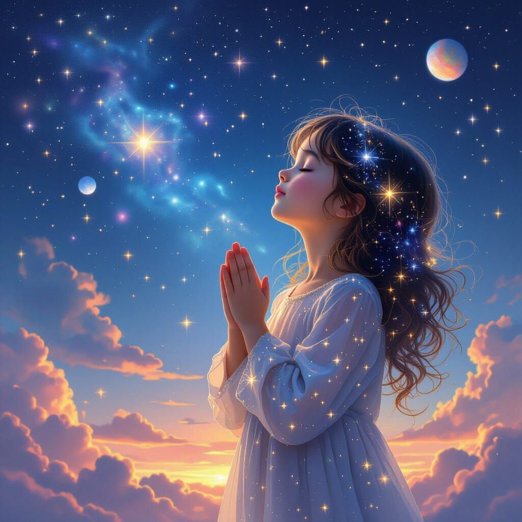 Celestial Child in Prayer Under Cosmic Sky