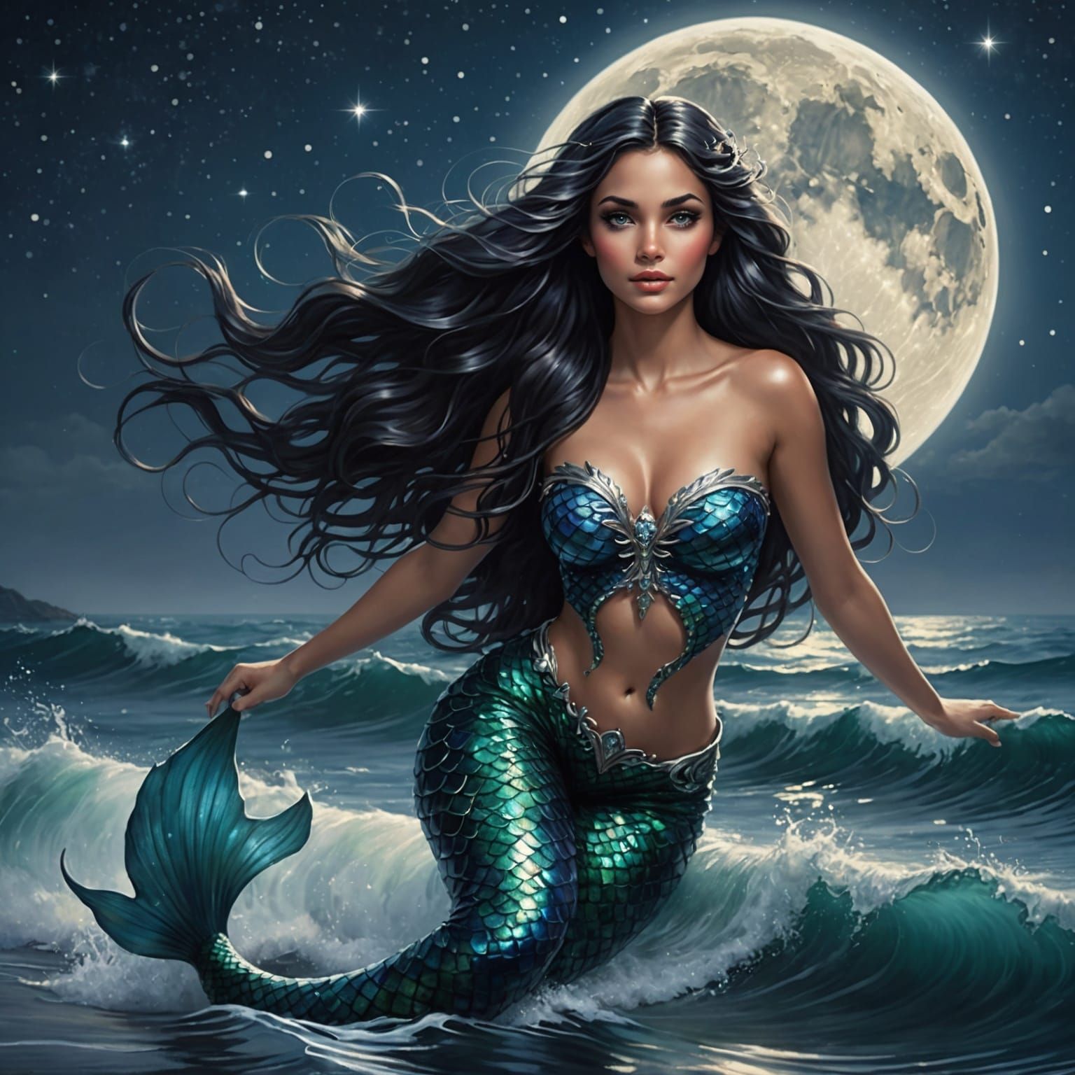 Mermaid Emerges from Moonlit Ocean
