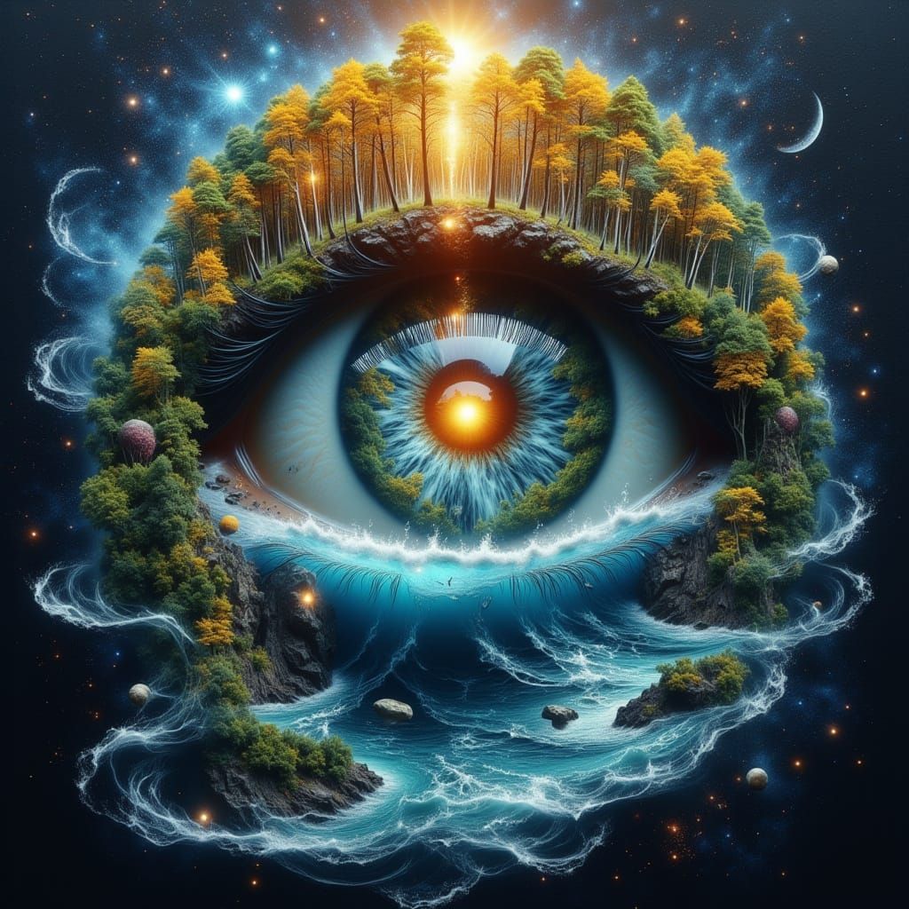 Surreal Eye with Forest and Ocean Landscape