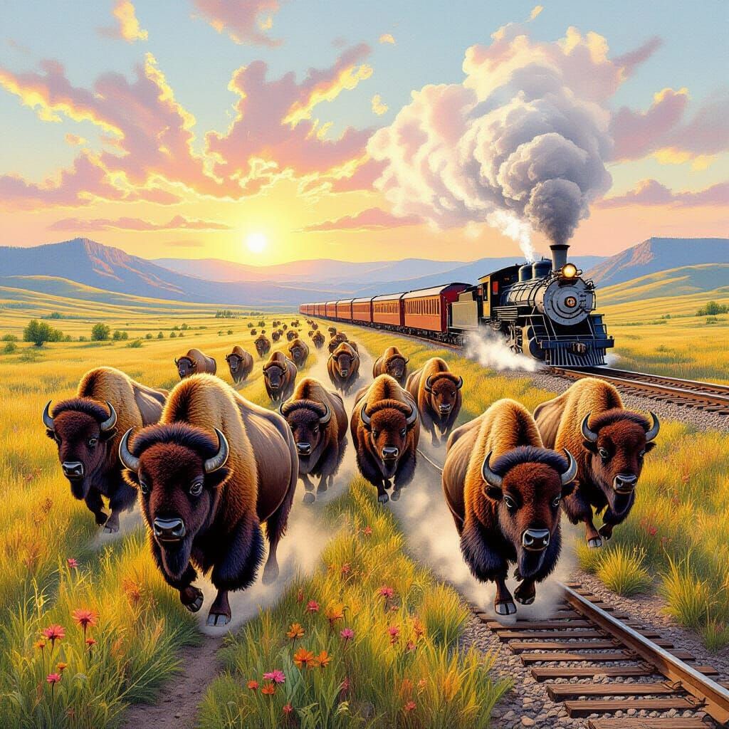 Bison Race Steam Train in Vivid Colored Pencil Drawing
