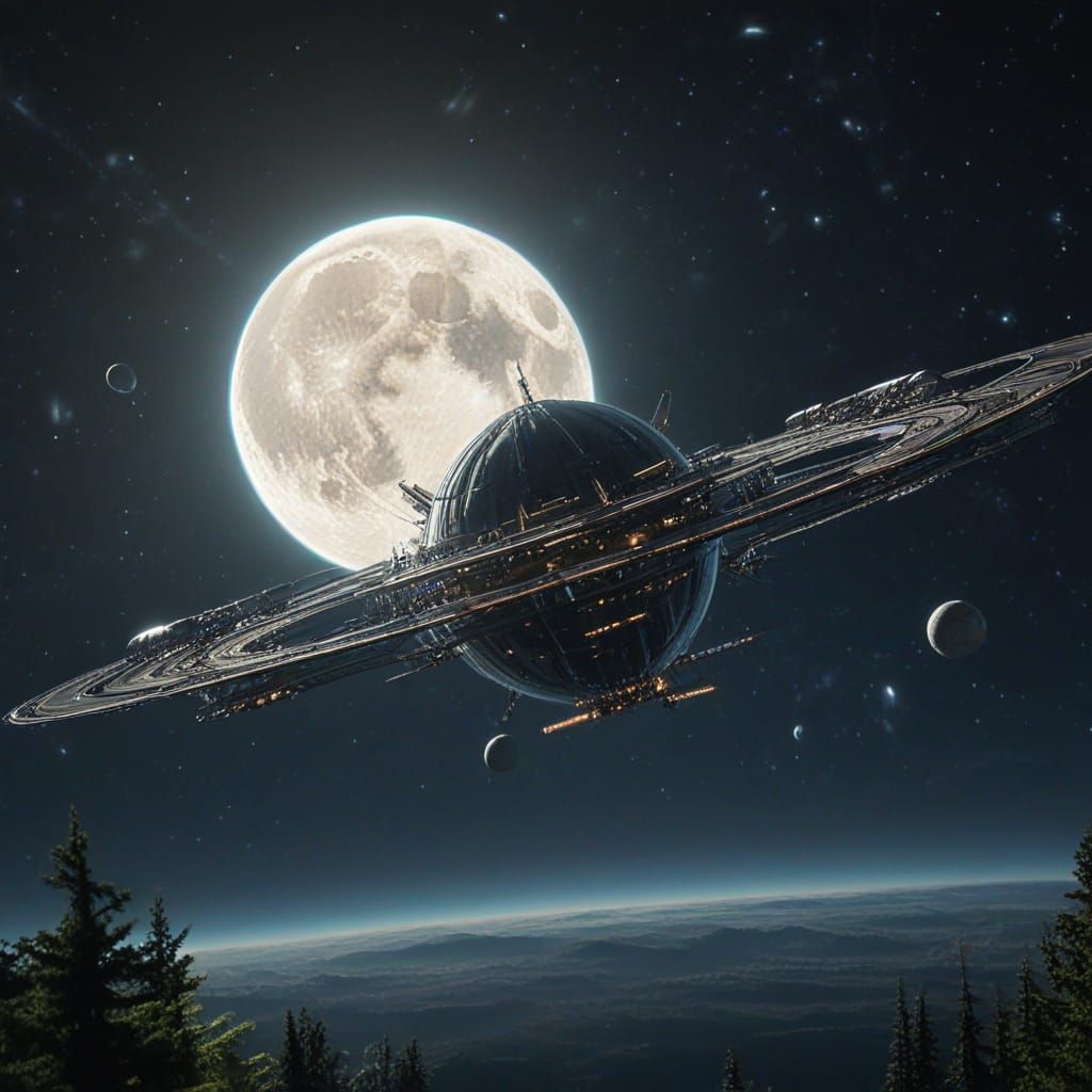 Massive Ringed Space Station Orbits Planet, Cosmic Vista