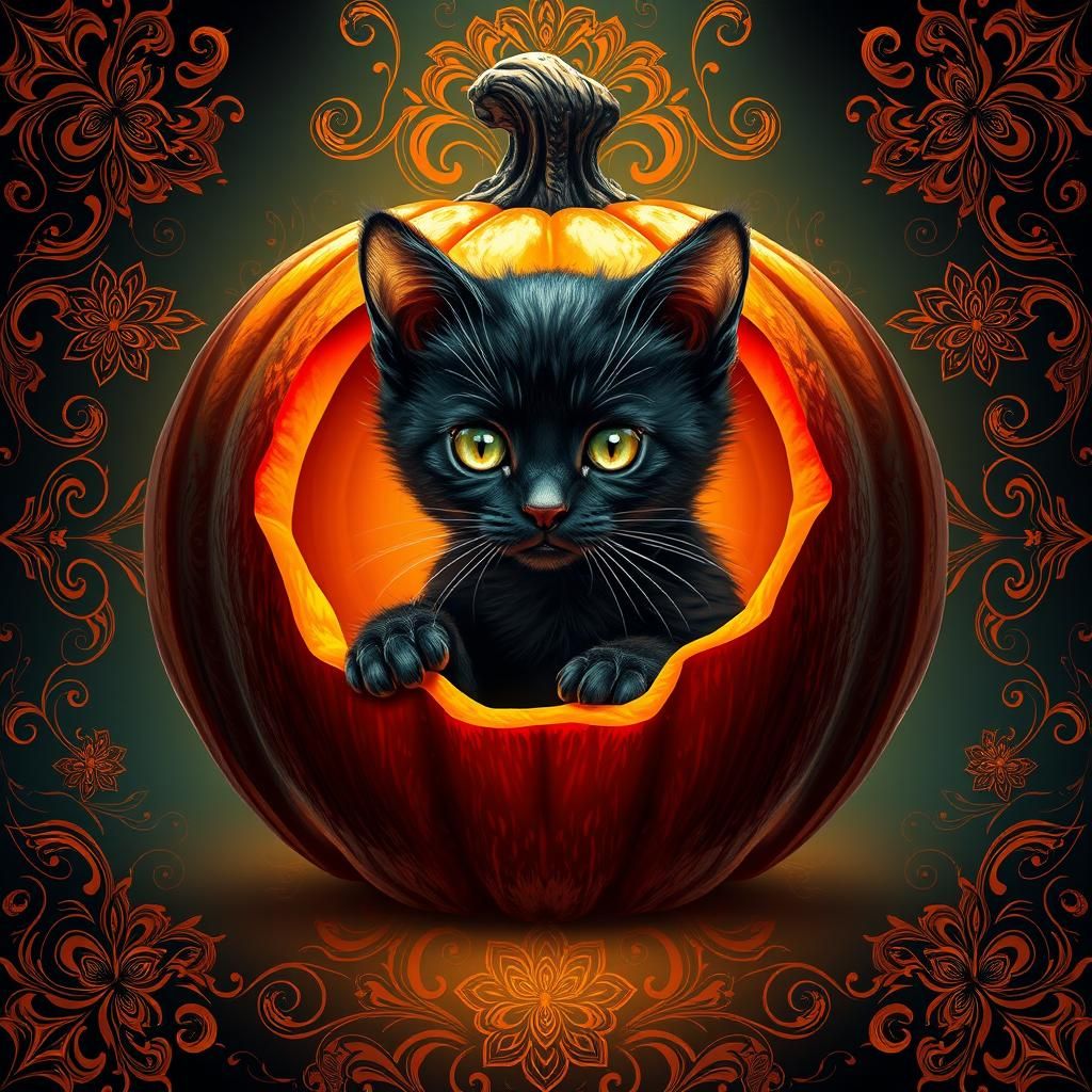Kitten in Pumpkin: Psychedelic Art Nouveau Illustration