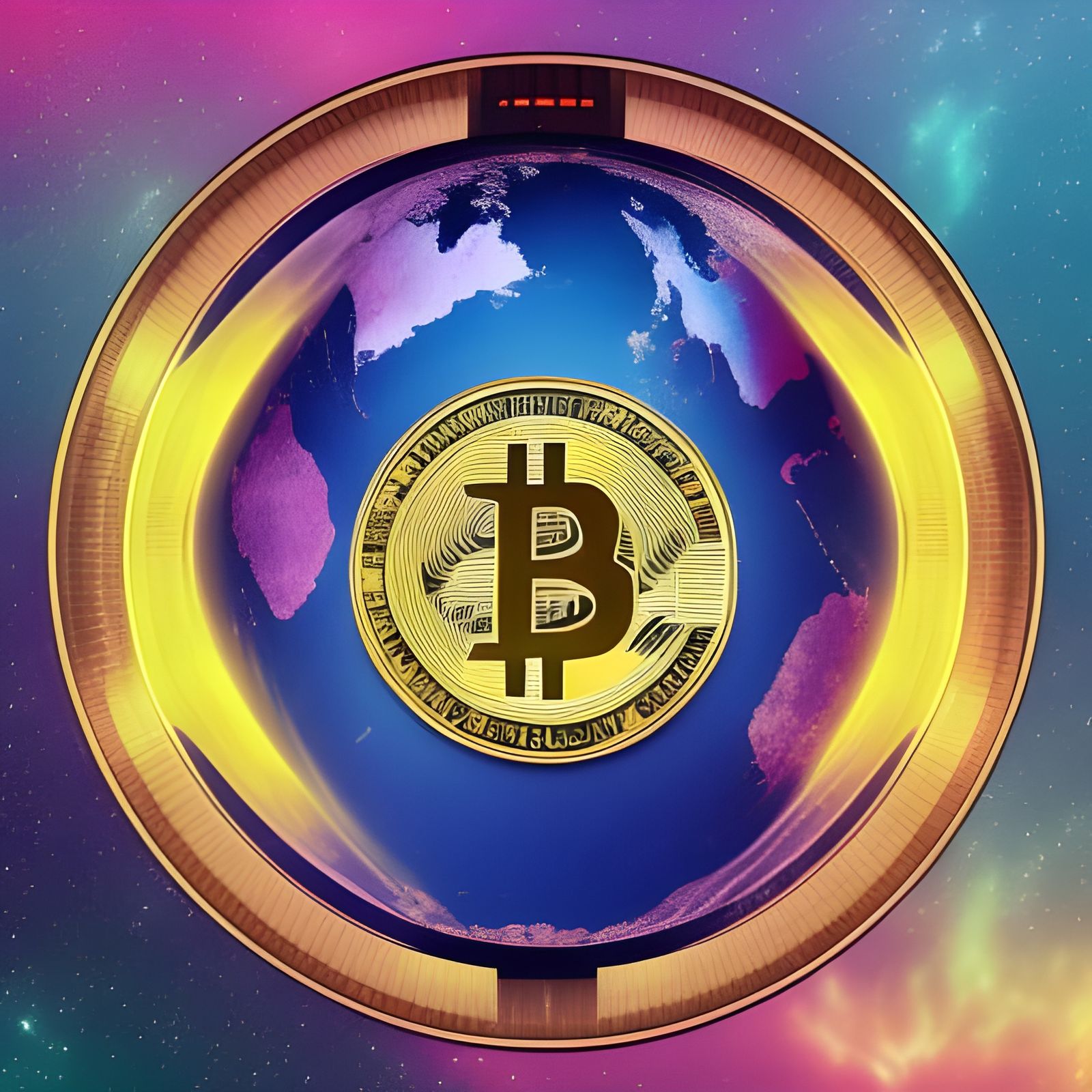 Bitcoin in Space with Earth: Synthwave Neon Retro