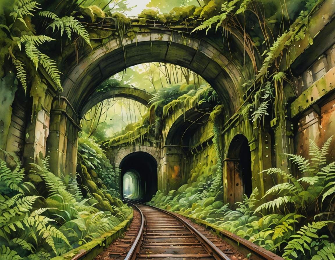 Lush Abandoned Tunnel in Watercolor Style