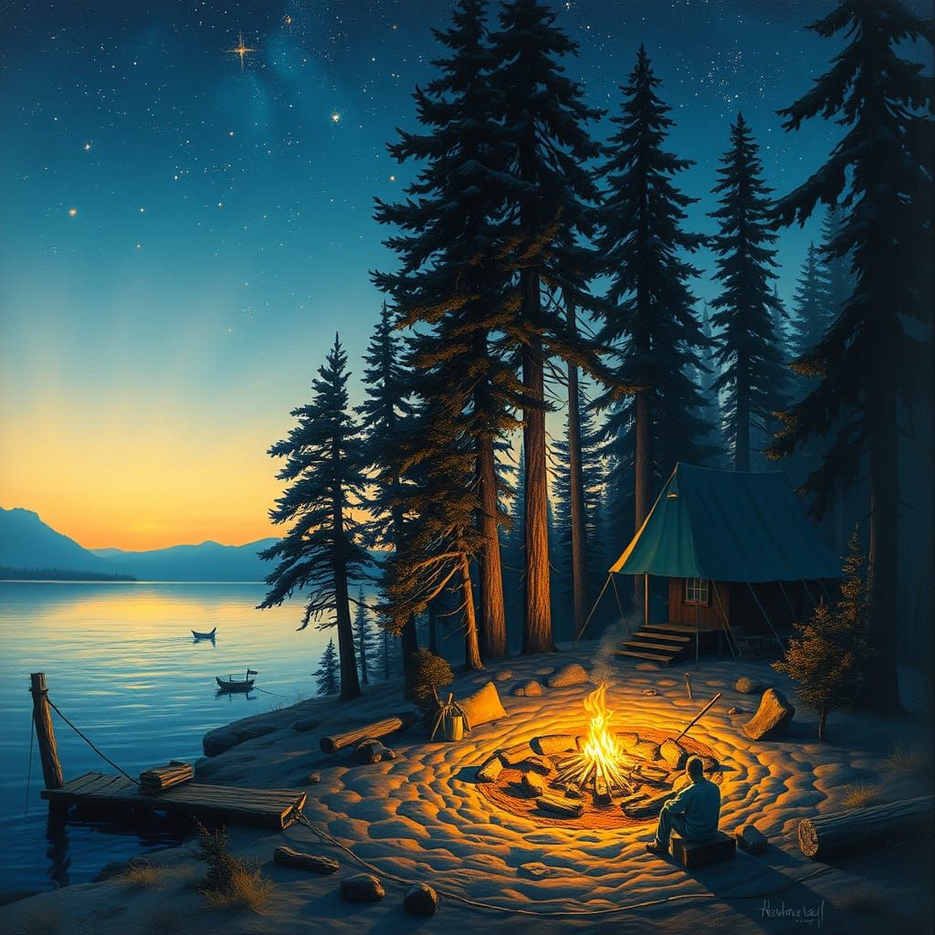 Serene Lakeside Campsite Under Starry Night Sky