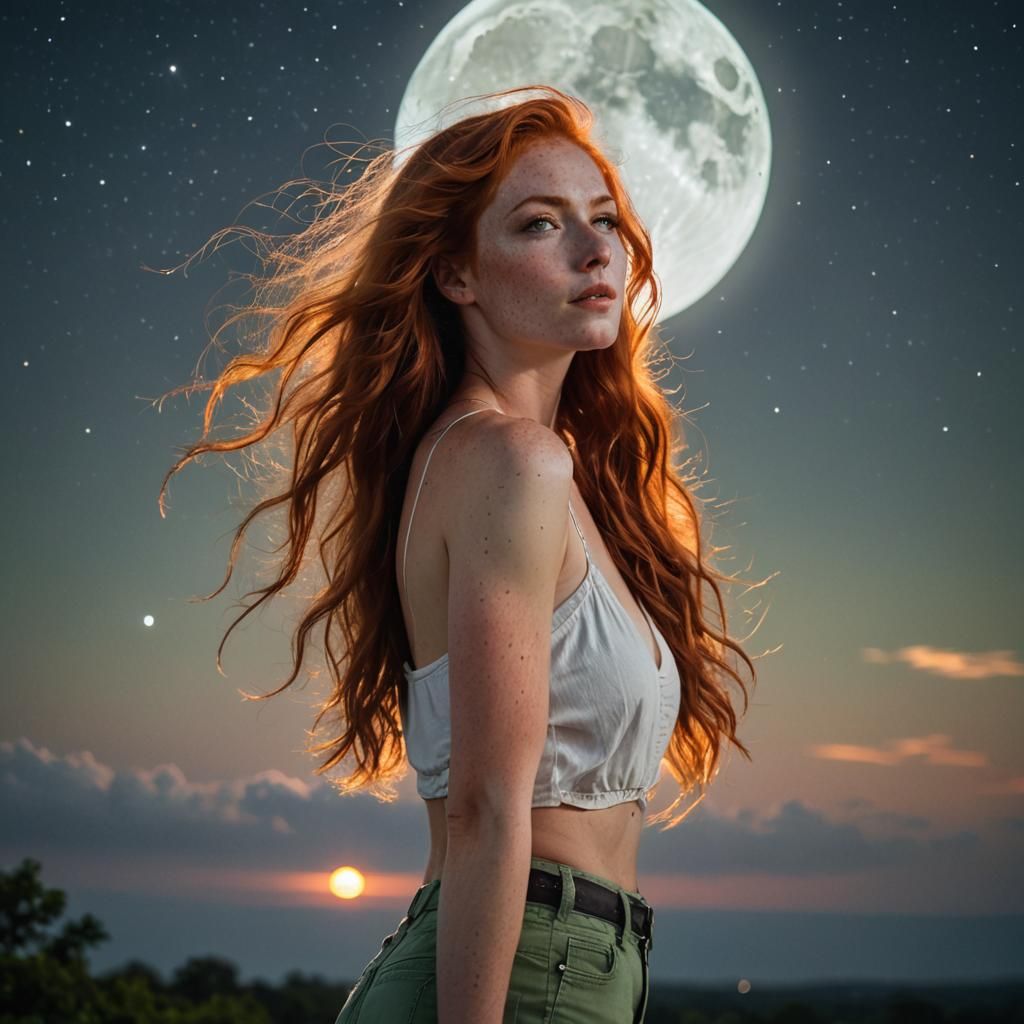 Cyberpunk Redhead Gazing at Moon in Noir Cityscape