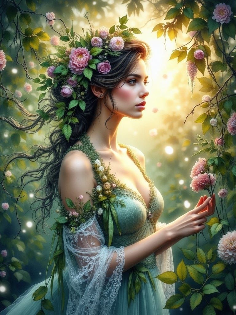 Ethereal Woman Surrounded by Lush Flora
