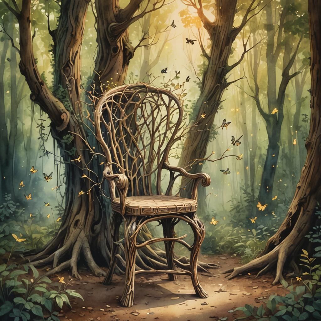 Whimsical Woodland Chair Amidst Twinkling Fireflies