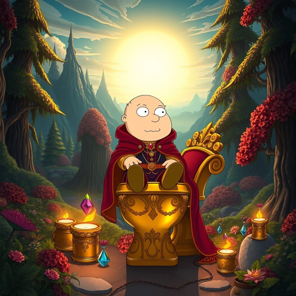 Regal Stewie Griffin on Golden Toilet Amidst Medieval Landsc...