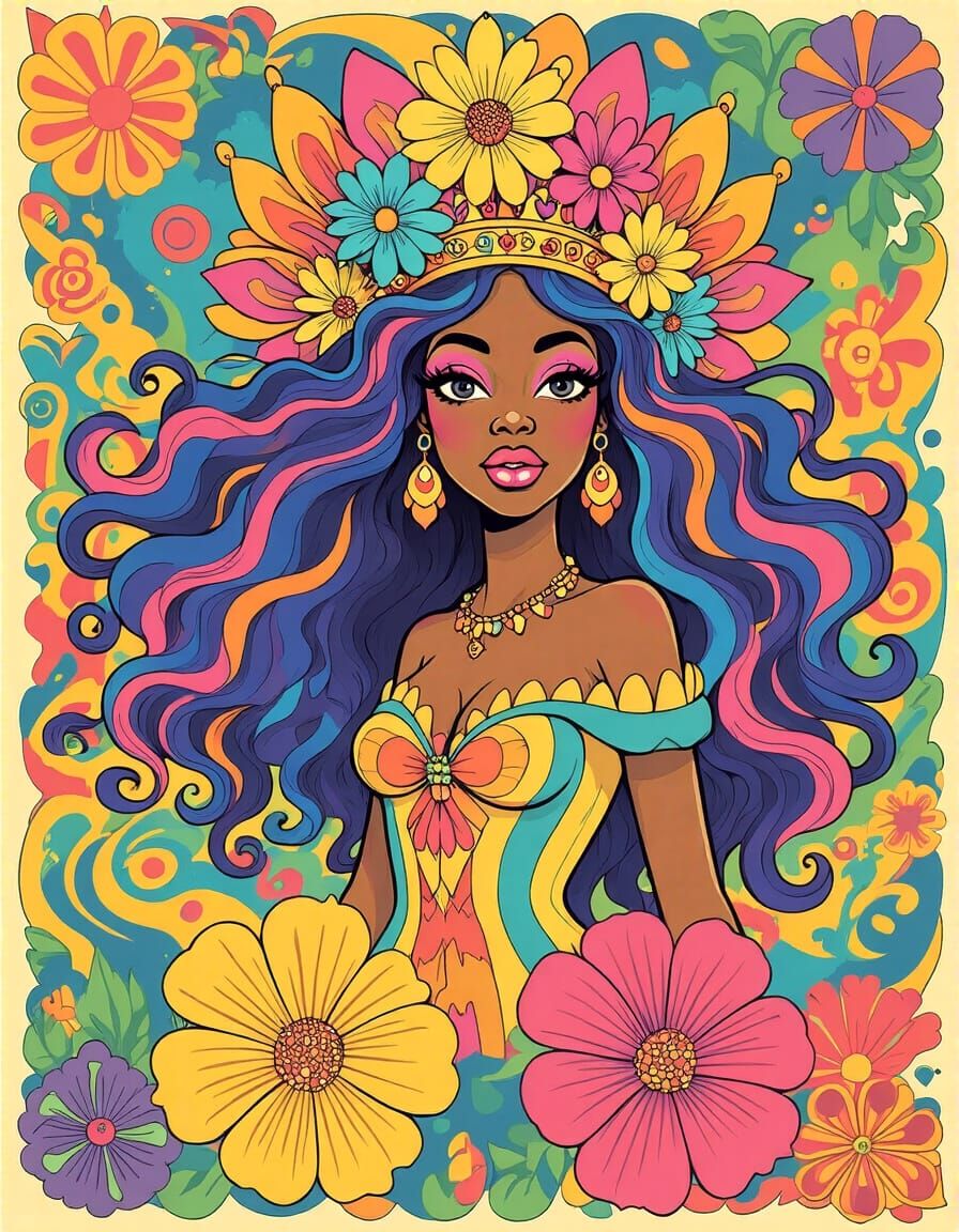 African American Fairy Queen in Psychedelic 70s Poster Style