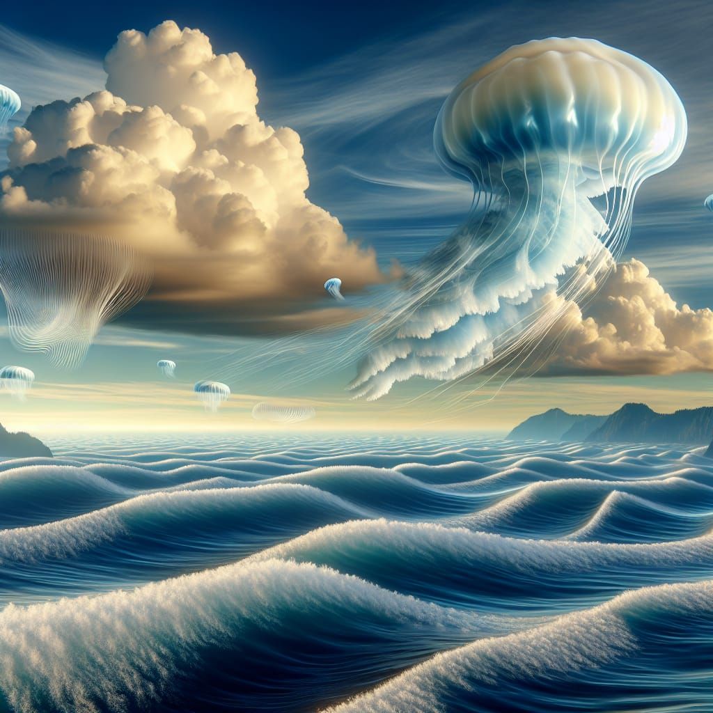 Surreal Sky: Ocean Waves and Jellyfish Clouds
