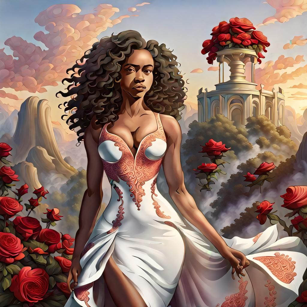 African American Woman in Floral Dress on Mount Olympus