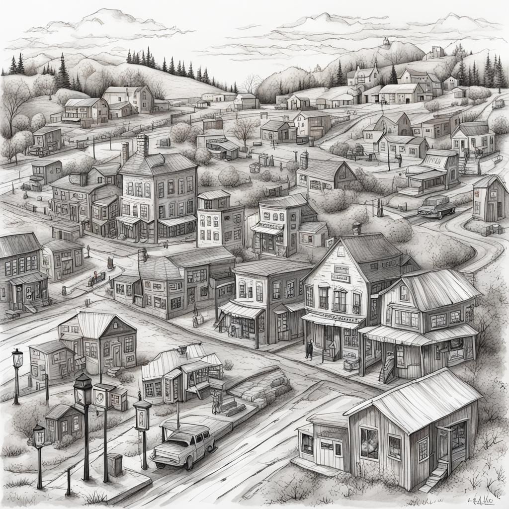 Charming Town in Folk Art Illustration Style