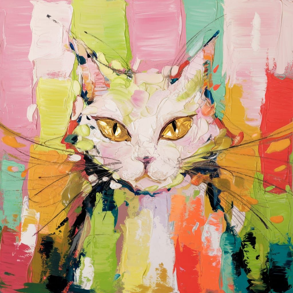 Abstract Cat with Golden Eyes: Lyrical Oil Painting