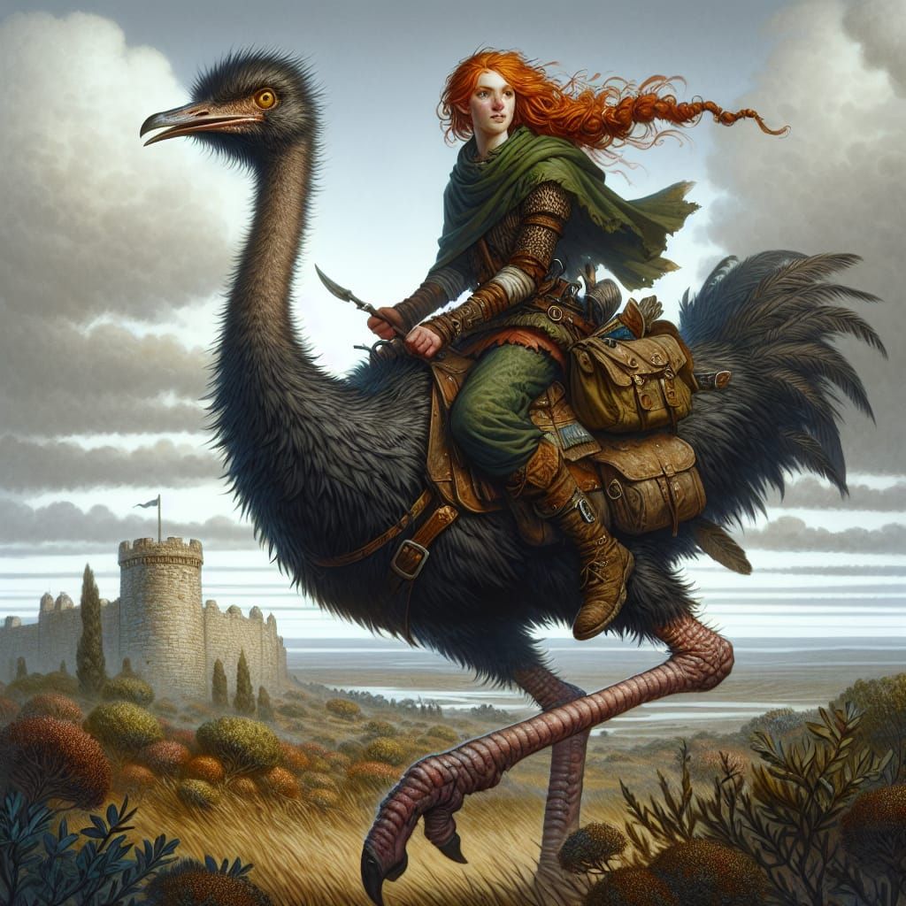 Rogue Rides Ostrich-like Bird Across Windswept Moor
