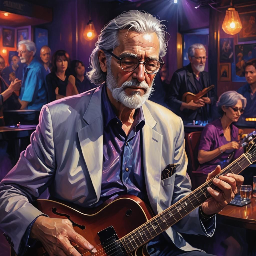 Elderly Gentleman Plays Jazz Guitar in Moody Nightclub