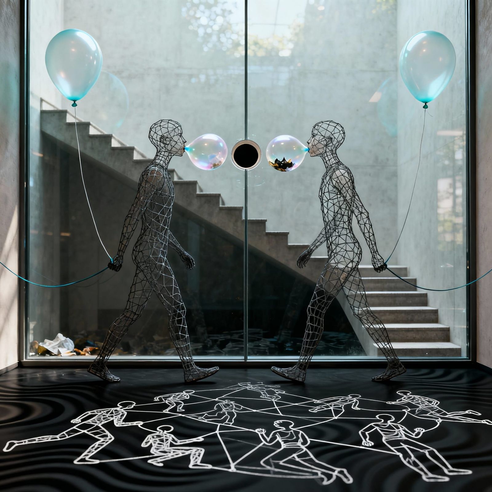 Surreal Figures in Glass Cage with Flying Balloons