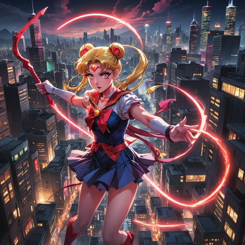 Sailor Moon Strikes Demon in Spooky Anime City