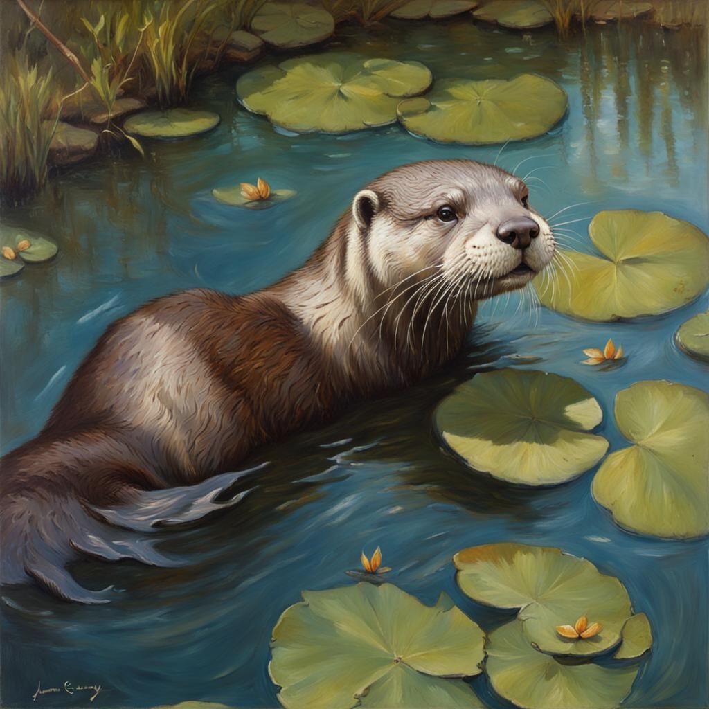 Otter Swimming in Pond as Oil Painting