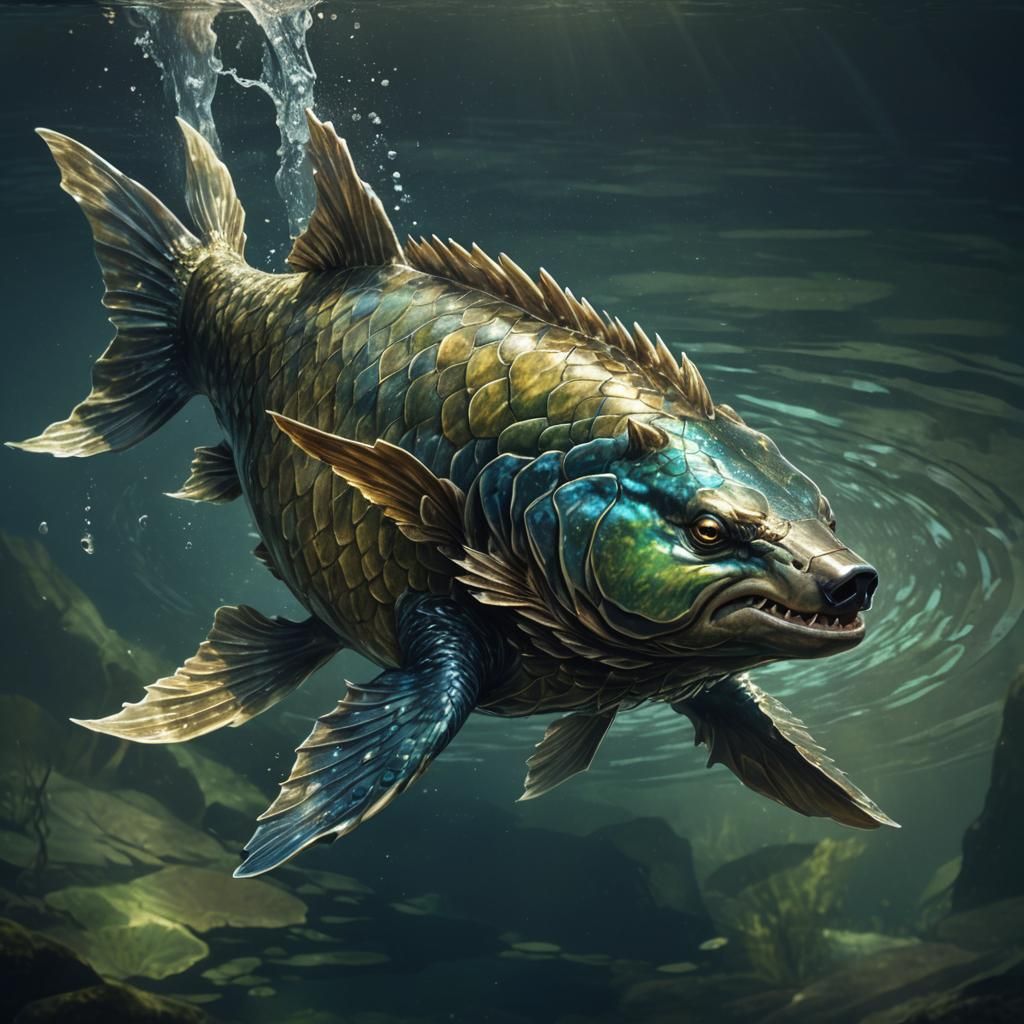 Bear-Fish Hybrid Swims in Dark Waters, Fantasy Art