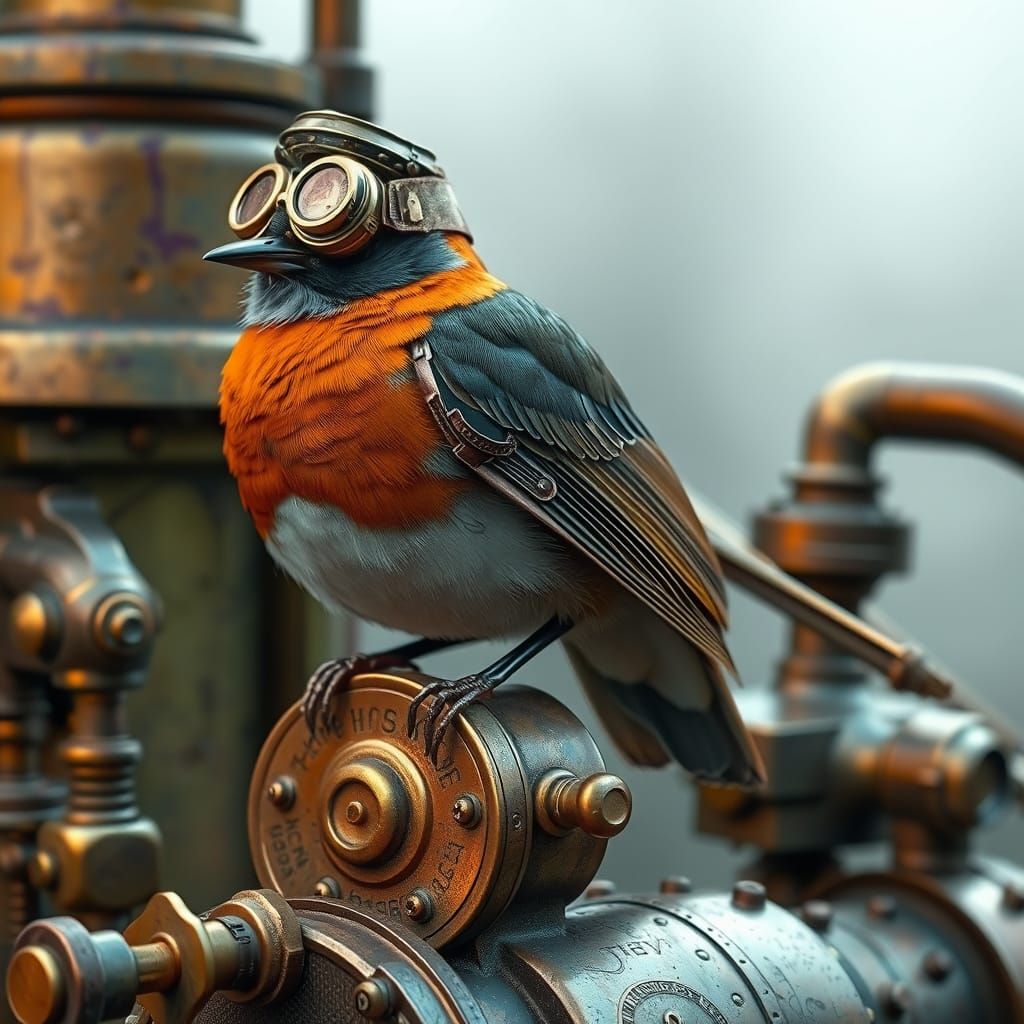 Steampunk Robin in Copper Armor on Engine