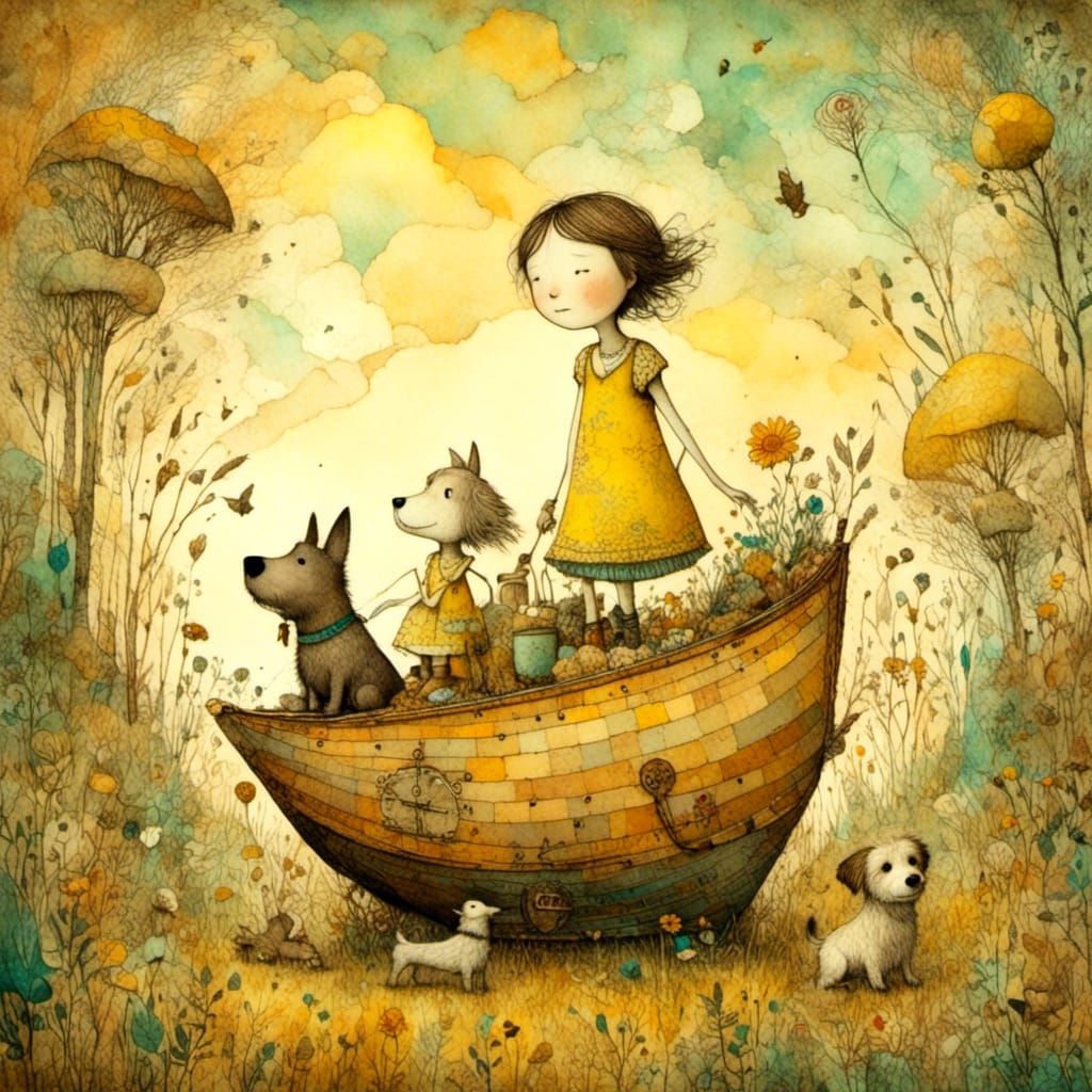 Children's Book Illustration: Girl and Dog on Cardboard Ship