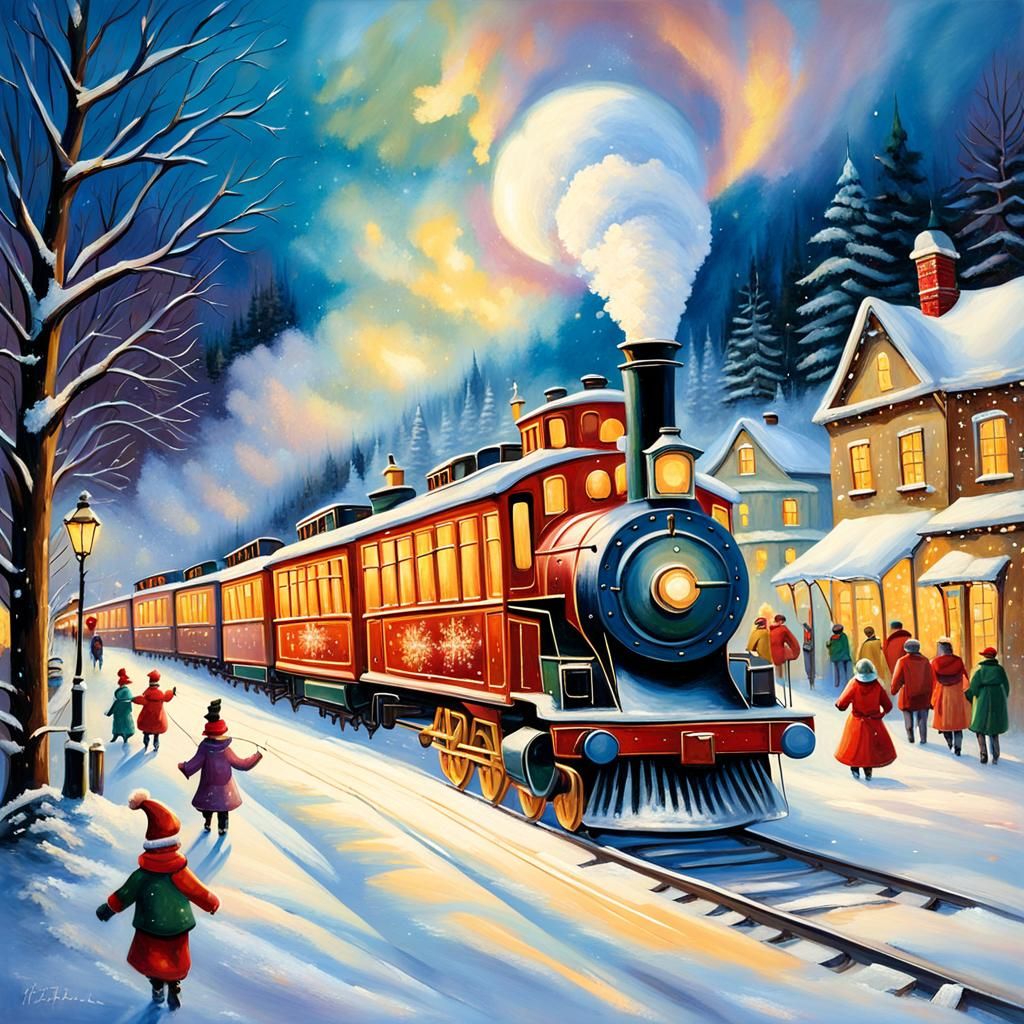 Festive Christmas Train in Snowy Village Oil Painting