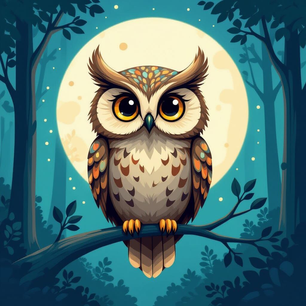 Whimsical Owl in Moonlit Forest, 2D Illustration