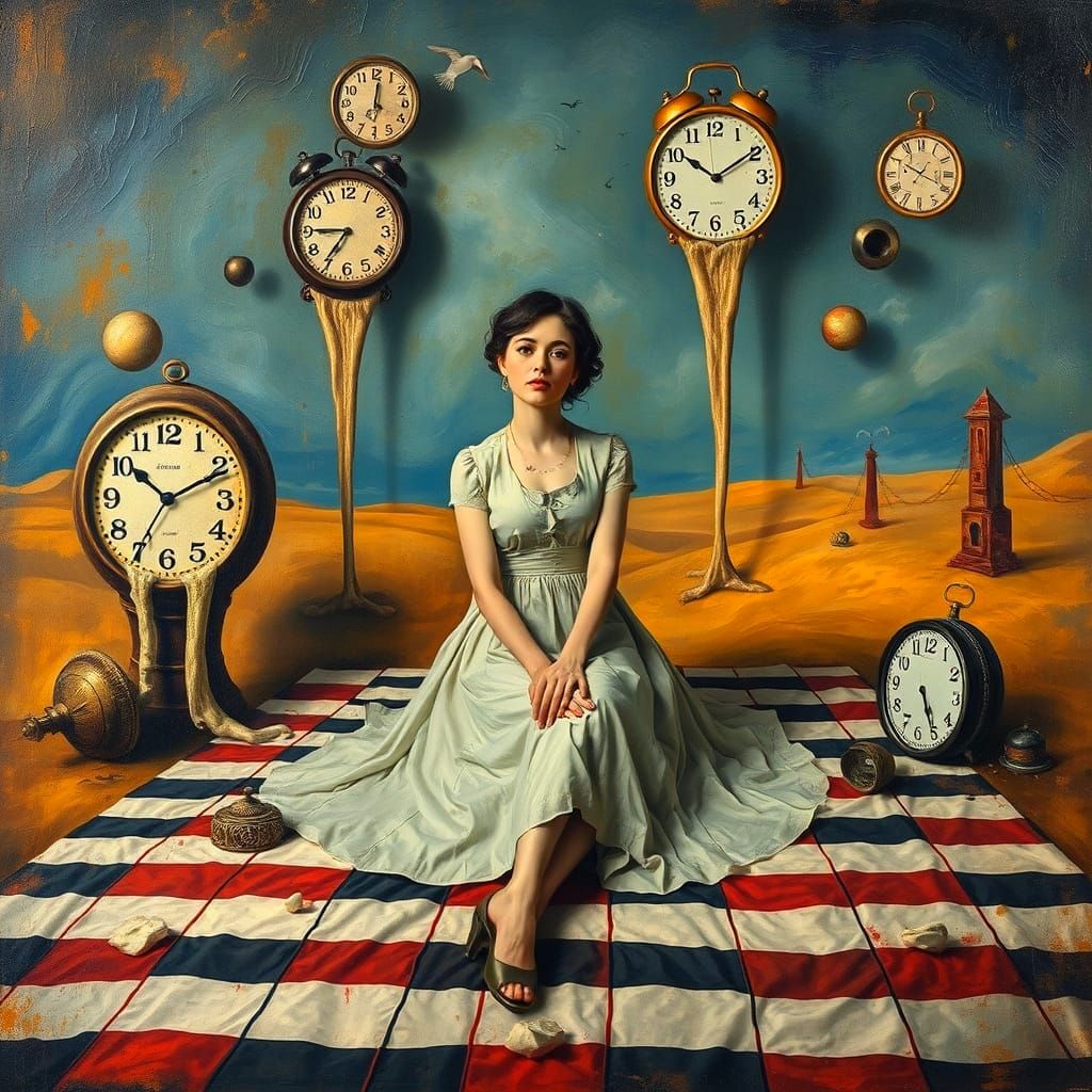Dreamlike Woman with Melting Clocks, Surrealist Style