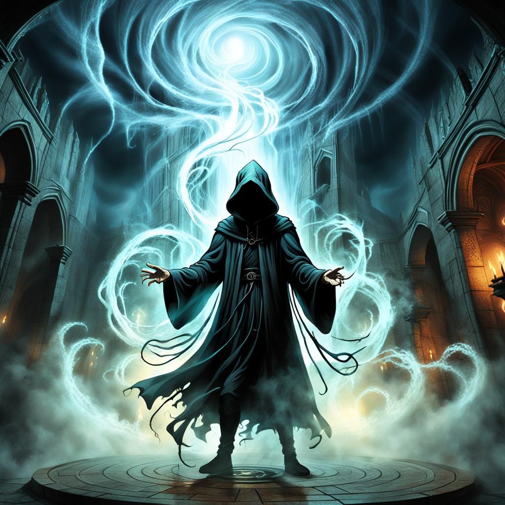 Hooded Sorcerer Summons Spirits in Dark Fantasy Illustration