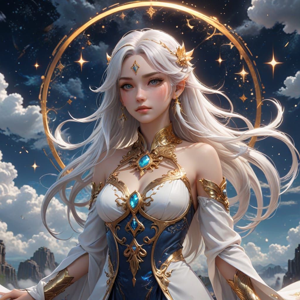 Ethereal Anime Sorceress in Celestial Starlight Robes