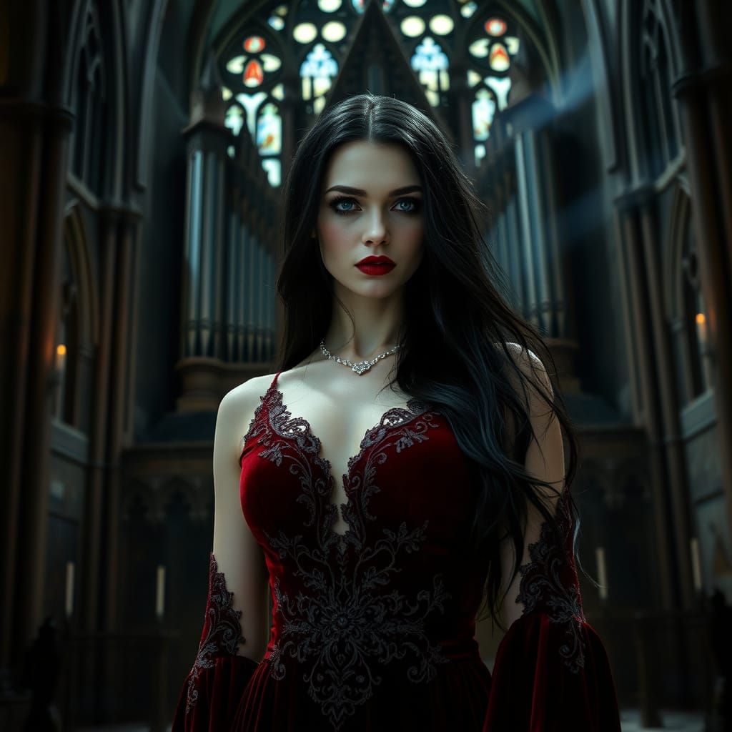 Gothic Vampire in Cathedral, Cinematic Film Still