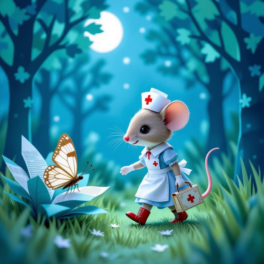 Paper Nurse Mouse Finds Injured Butterfly in Moonlit Forest