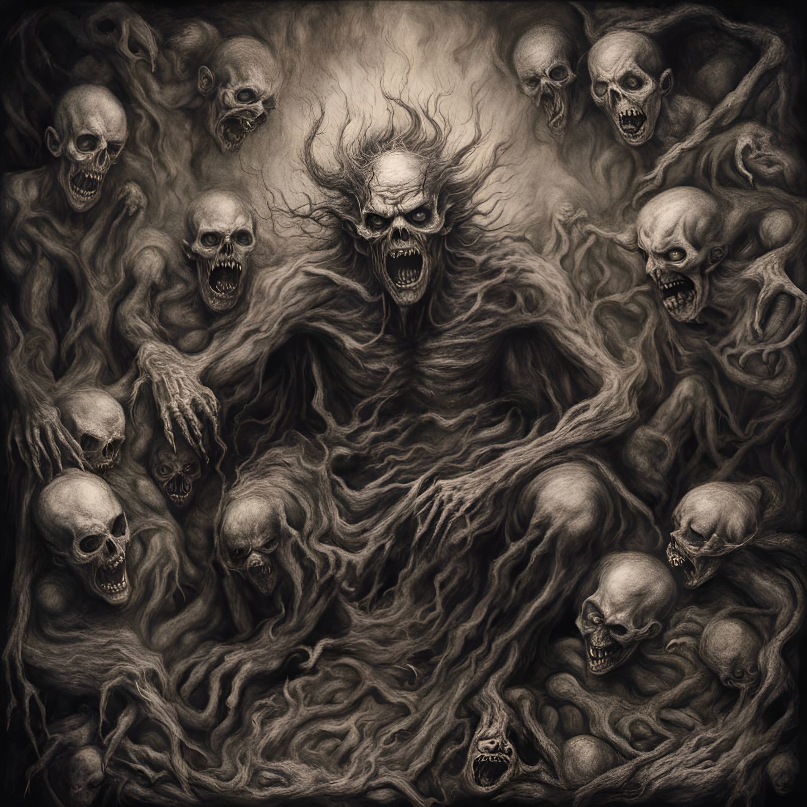 Hyperdetailed Charcoal Drawing of Hellish Horror