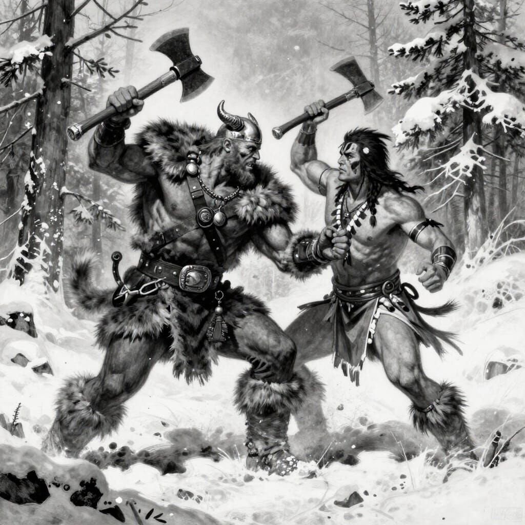 Viking vs Native American Battle in Winter Forest