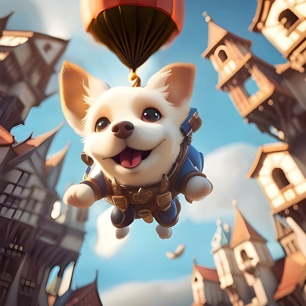 Chibi Dog Skydiving in Fantasy Art Style