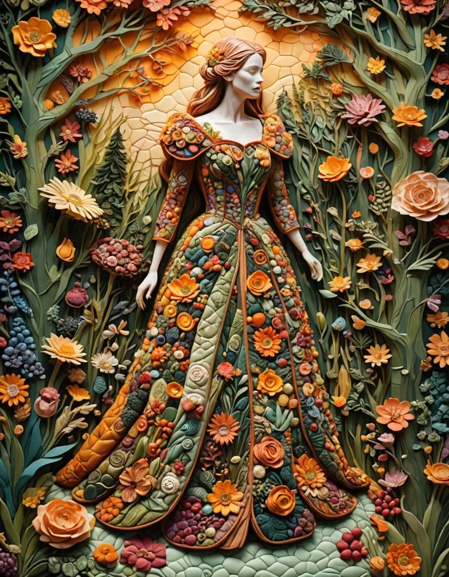 Woman in Food Gown in Quilted Enchanted Forest
