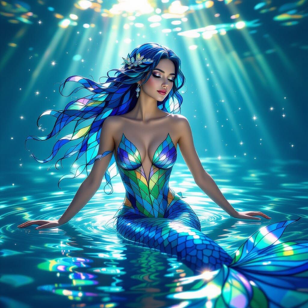 Stained Glass Mermaid Shimmers in Kaleidoscopic Light