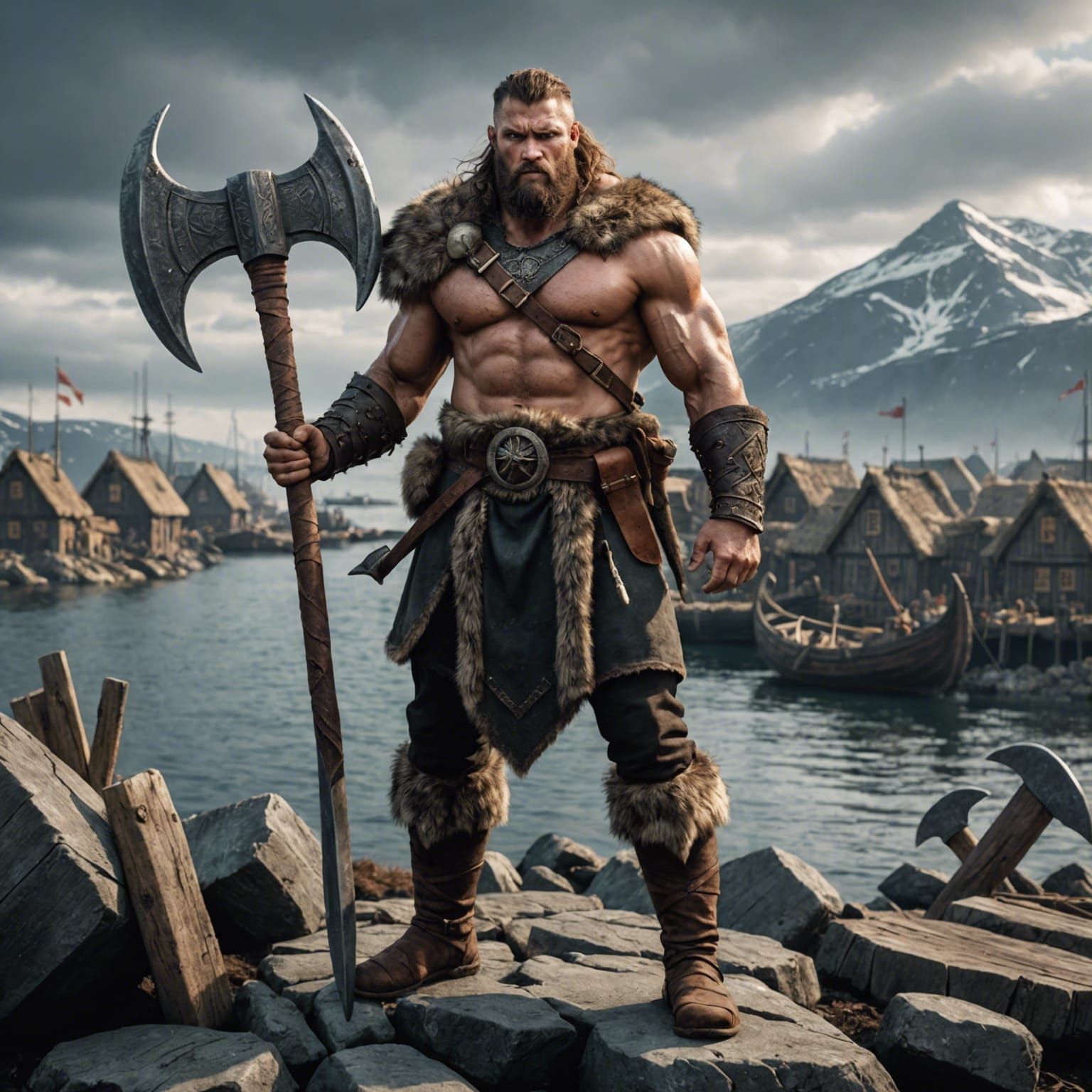 Nordic Barbarian Berserker with War Axe in Viking Harbor
