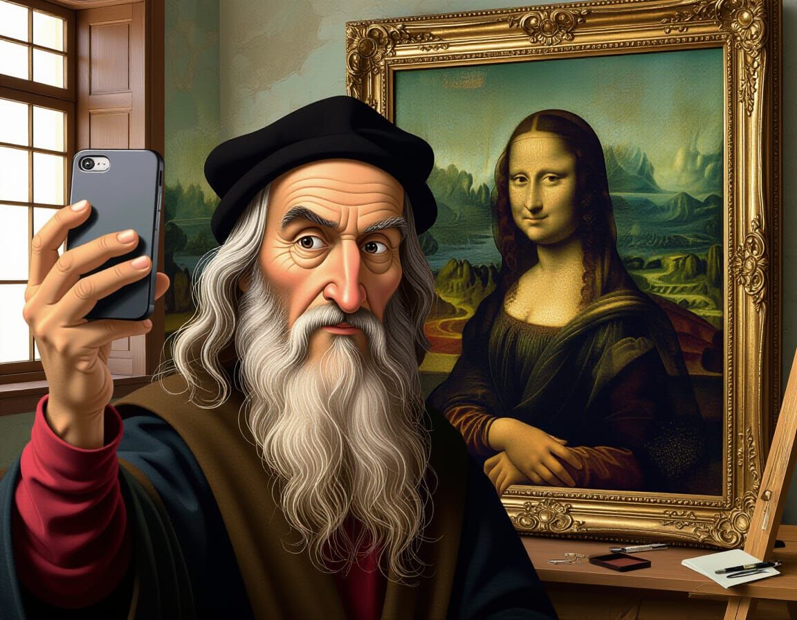 Leonardo da Vinci Takes a Selfie in Caricature Style
