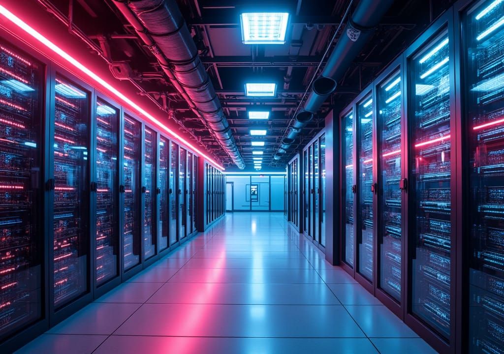 Futuristic IT Server Room in Cyberpunk Style
