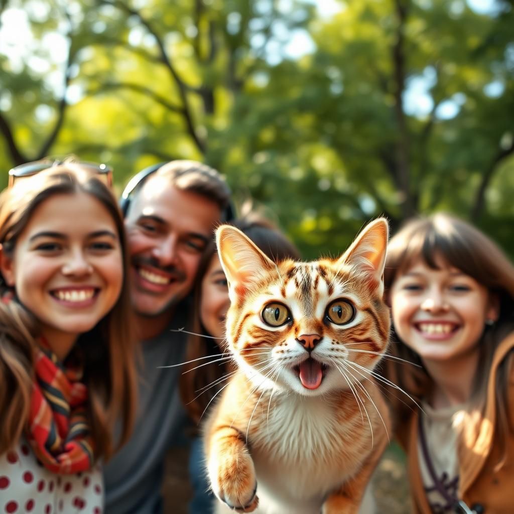 Comical Cat Crashes Family Photo in Playful Art Style