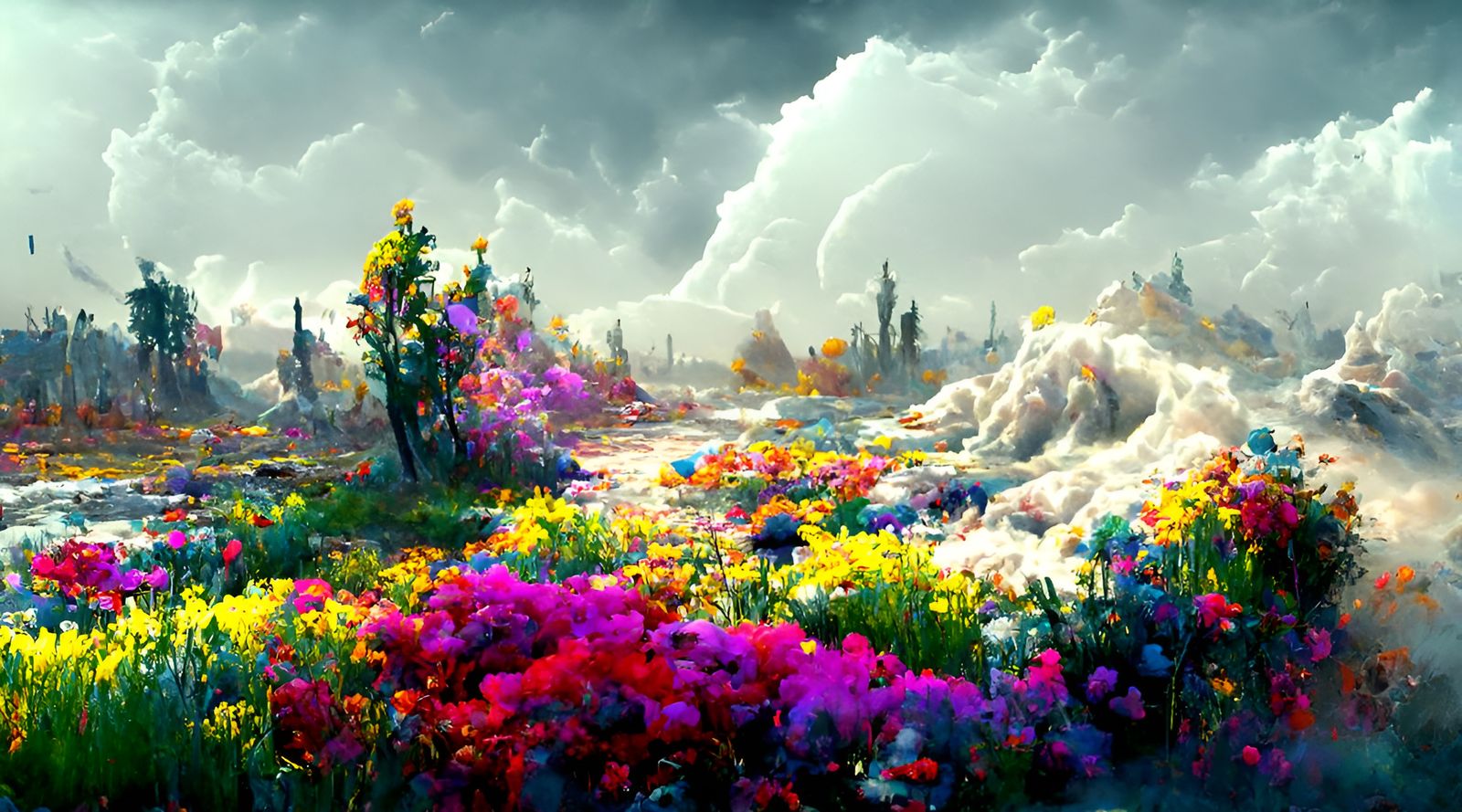 Flower Petal Storm Over Wasteland in Romanticism Style